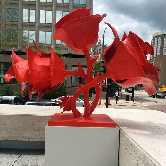 Outdoor Red Stainless Steel Rose Flowers Sculpture
