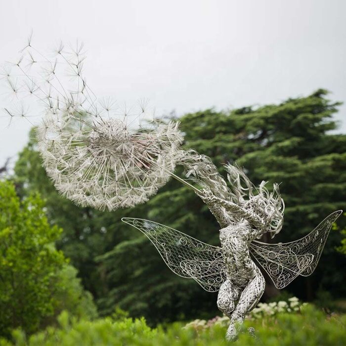 Stainless Steel Outdoor Large Dancing Fairy and Dandelion Sculpture