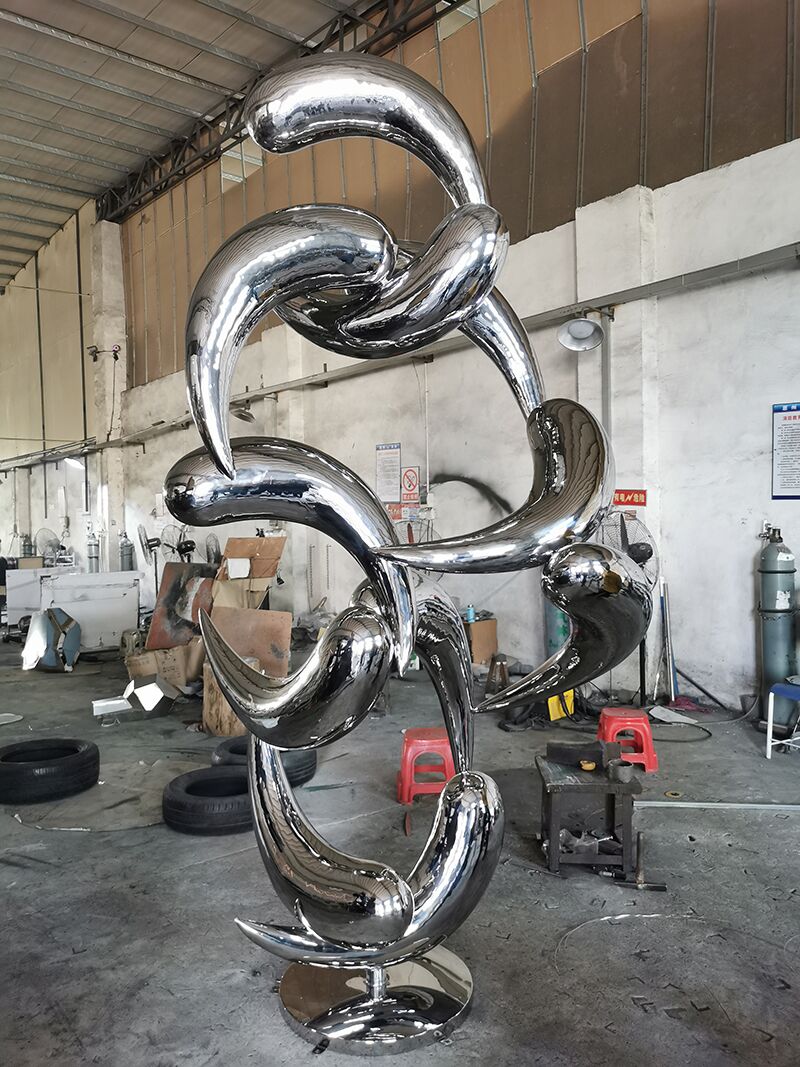 Large outdoor abstract stainless steel fish school sculpture (3)