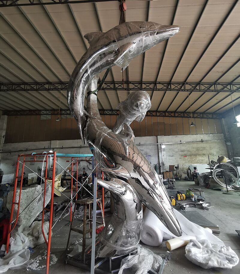 Large outdoor stainless steel dolphin sculpture (2)