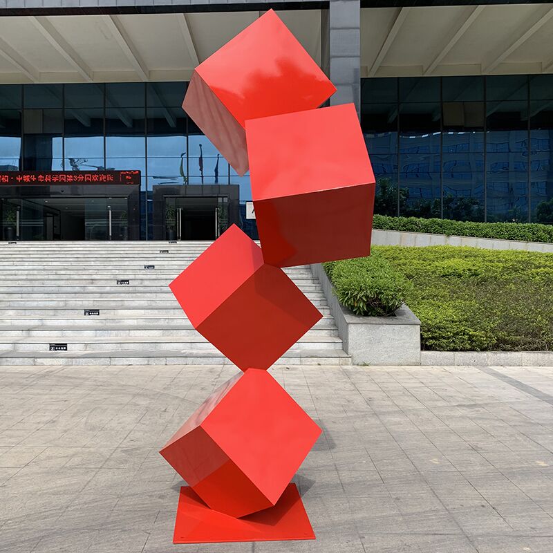 300cm outdoor garden Red Stainless steel cube sculpture (3)