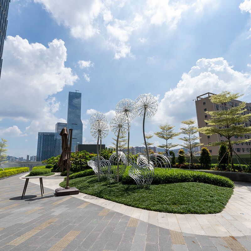 Outdoor park square green space glowing stainless steel dandelion sculpture (7)
