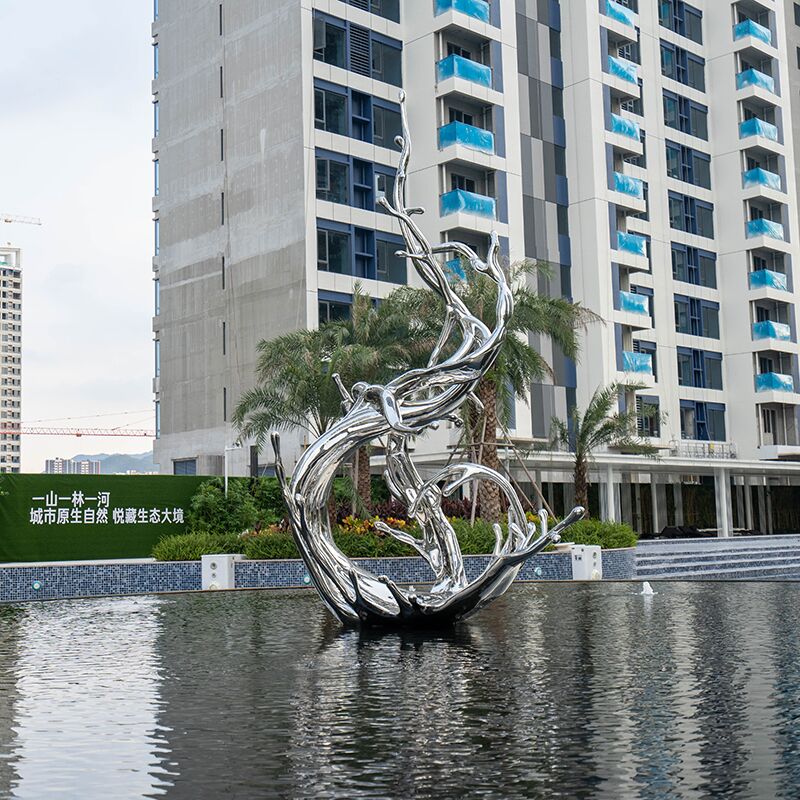 Modern large outdoor square pool stainless steel spray sculpture (3)