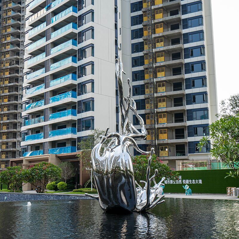 Modern large outdoor square pool stainless steel spray sculpture (4)