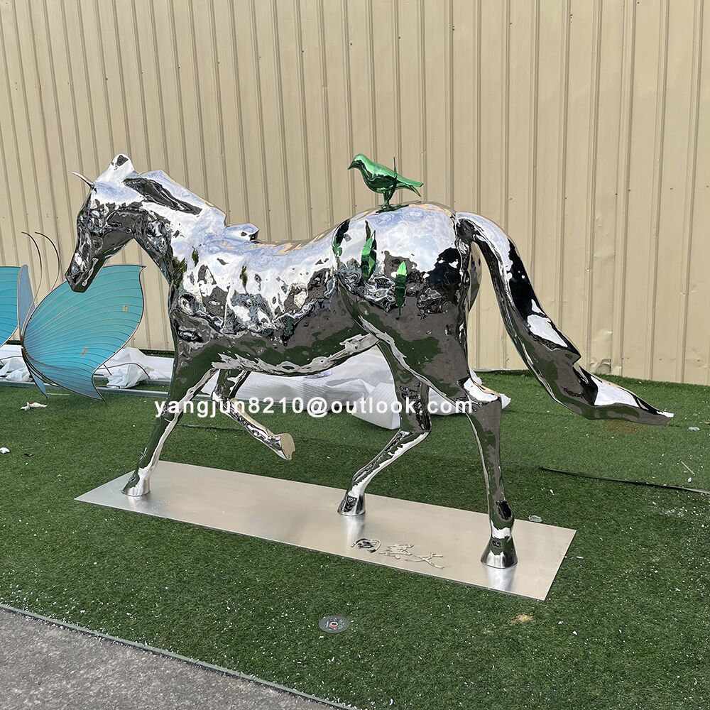 Outdoor square park decorations mirror stainless steel animal horse sculpture (1)