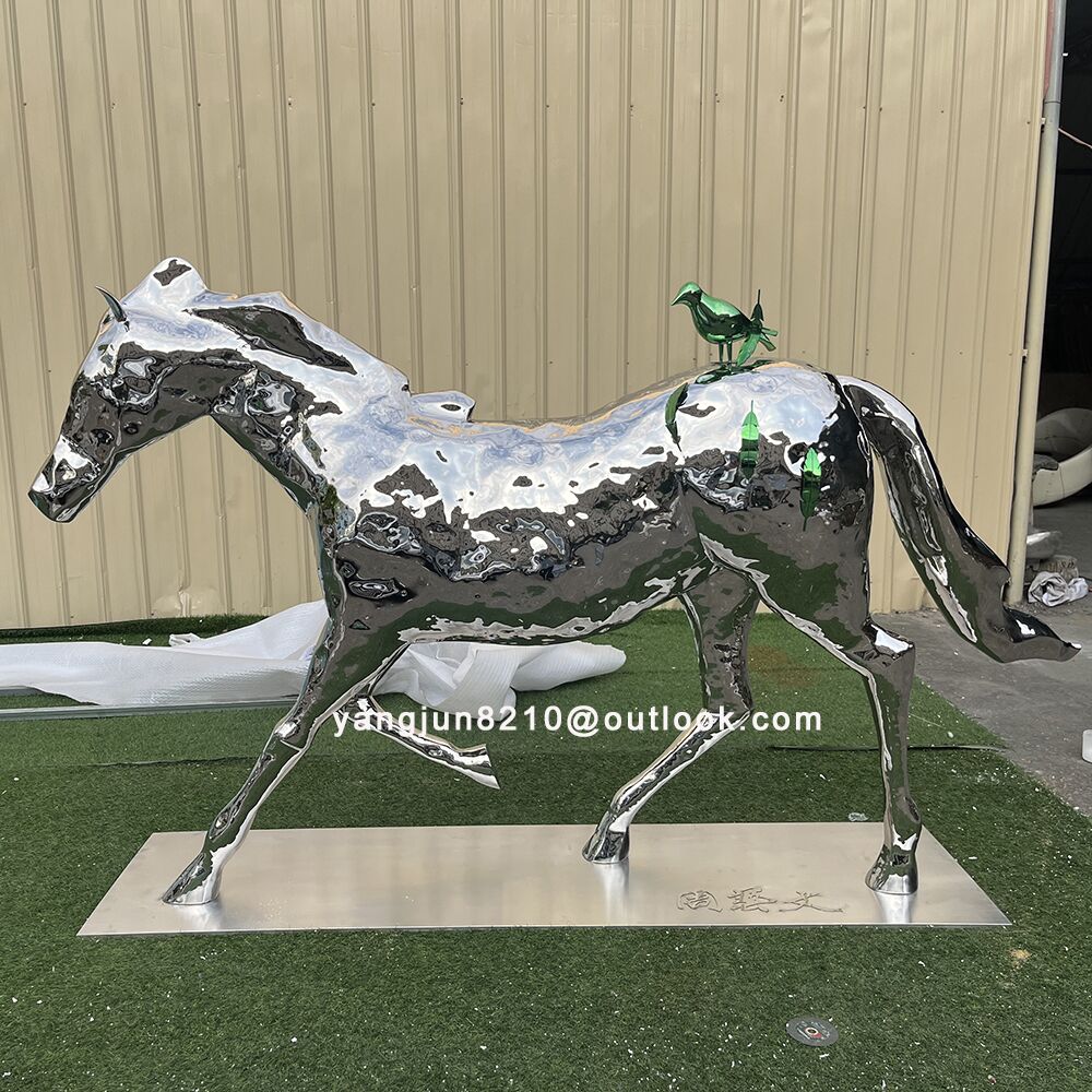Outdoor square park decorations mirror stainless steel animal horse sculpture (2)