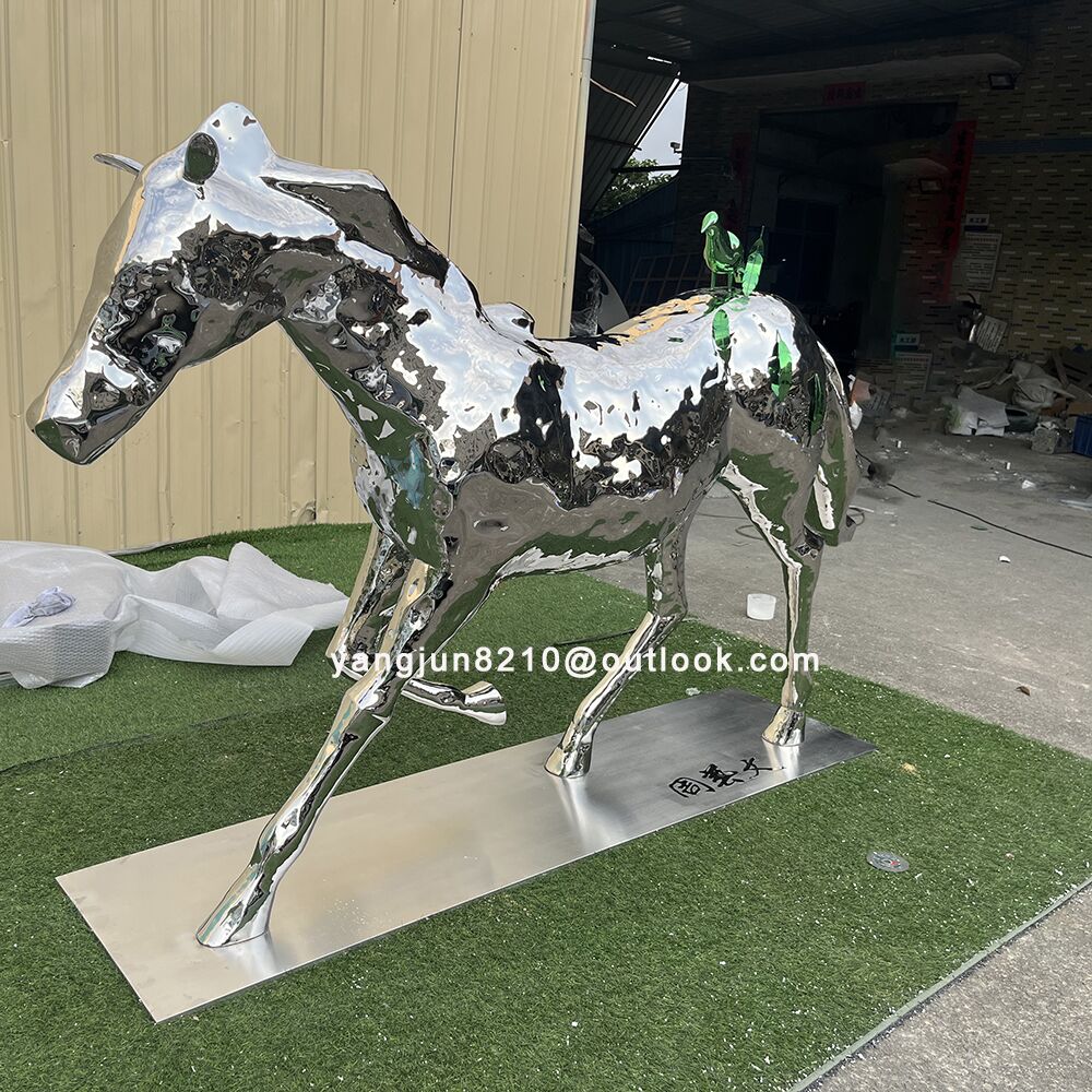 Outdoor square park decorations mirror stainless steel animal horse sculpture (3)