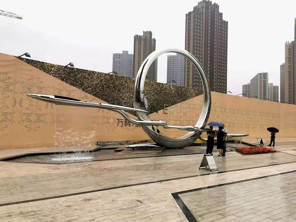 Large Outdoor square garden courtyard pool abstract stainless steel ring sculpture (2)