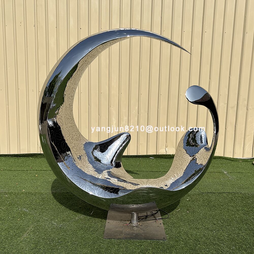 Outdoor square garden courtyard luminous stainless steel crescent sculpture (1)