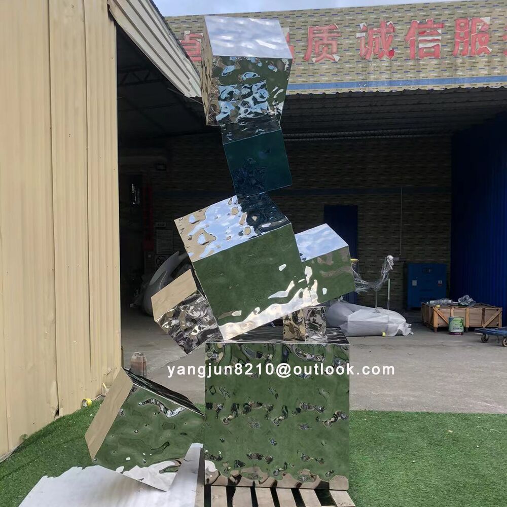 Outdoor square park beach green space stainless steel Cube sculpture (2)