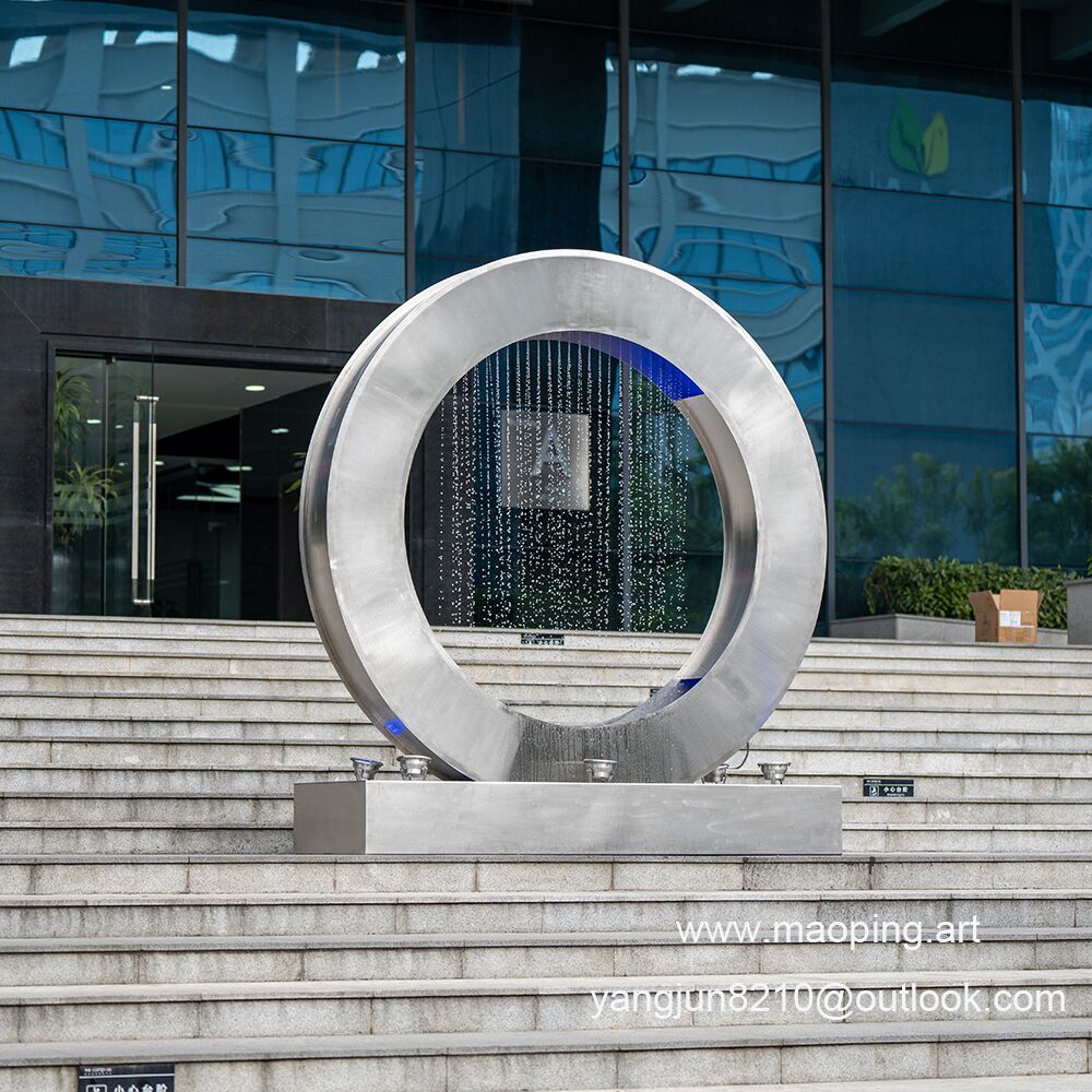 Outdoor square park museum airport beach swimming pool stainless steel ring water curtain sculpture (3)