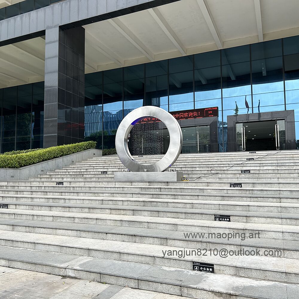 Outdoor square park museum airport beach swimming pool stainless steel ring water curtain sculpture (4)