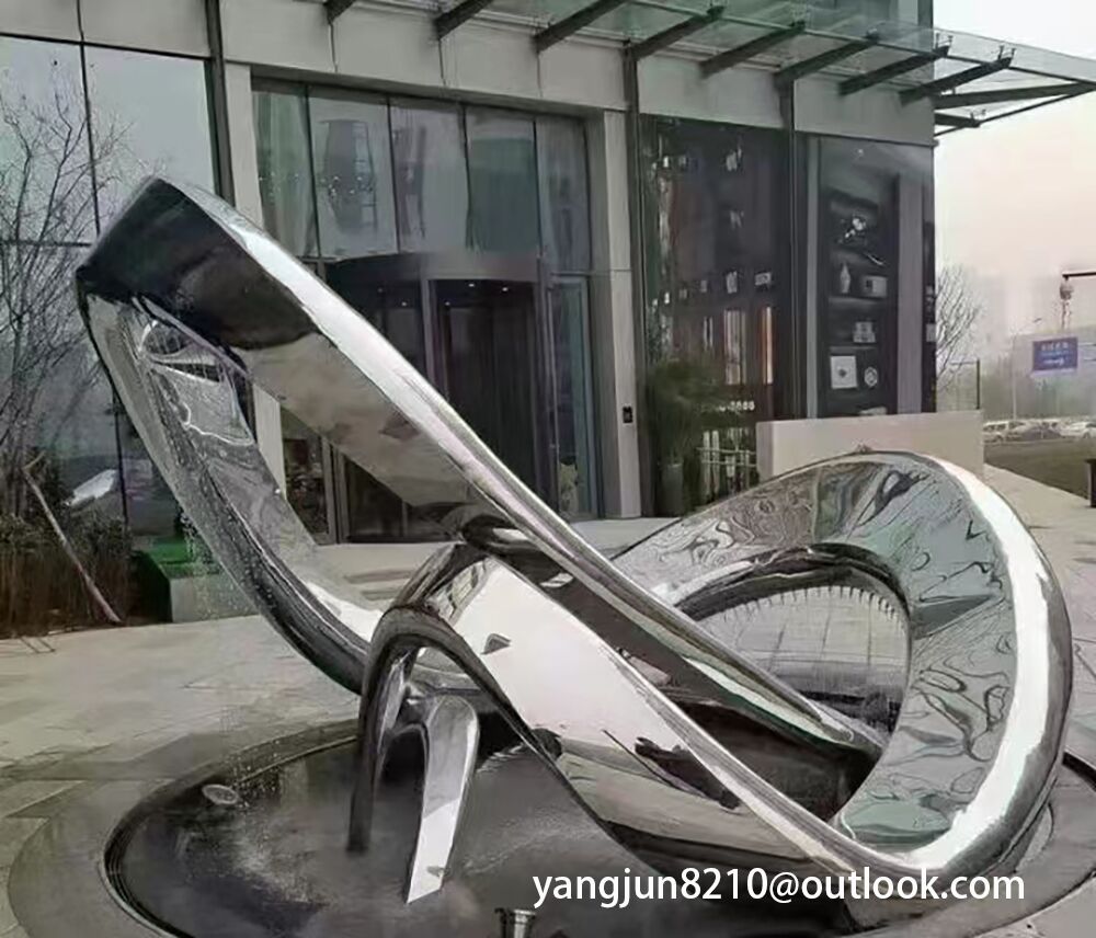 Outdoor square park playground museum architectural landscape artwork stainless steel ribbon water curtain sculpture (3)