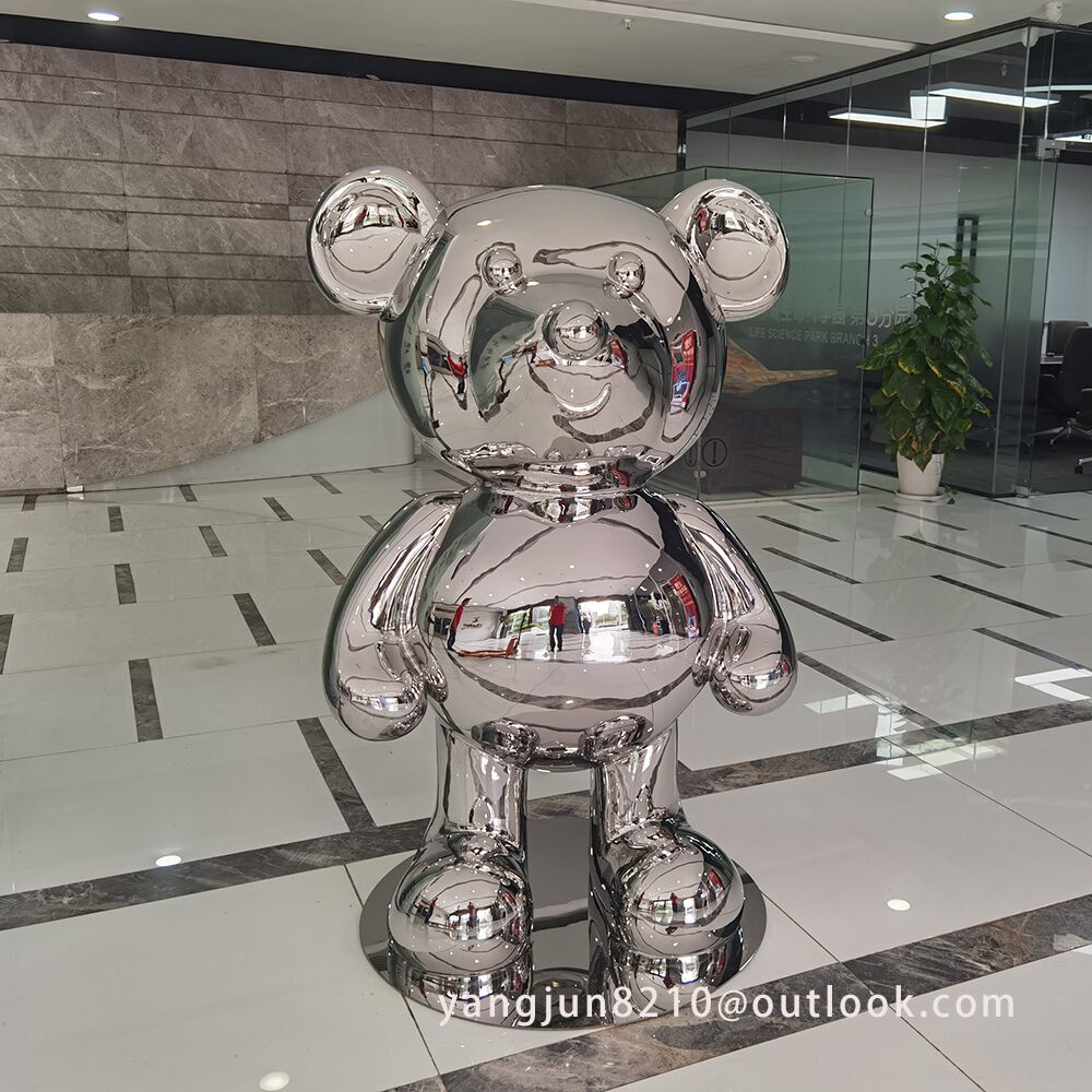 Indoor high-end hotel art museum amusement park gallery theater mirror polished stainless steel bear sculpture (3)
