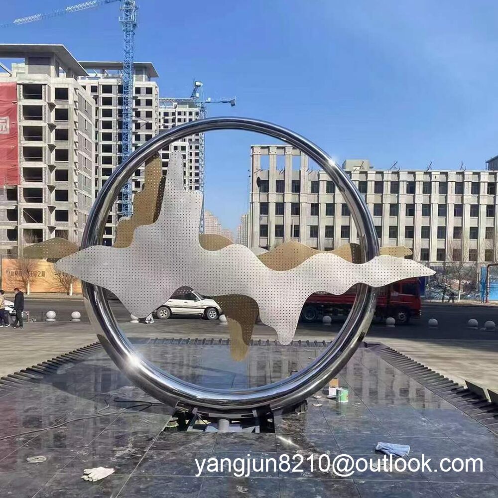 Outdoor square beach landscape sculpture design stainless steel ring sculpture (1)
