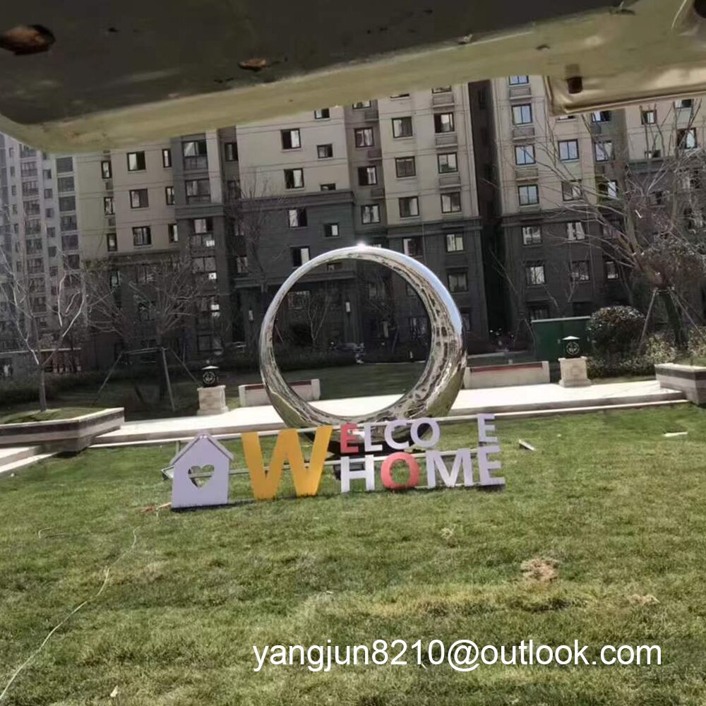 Outdoor square beach landscape sculpture design stainless steel ring sculpture (3)