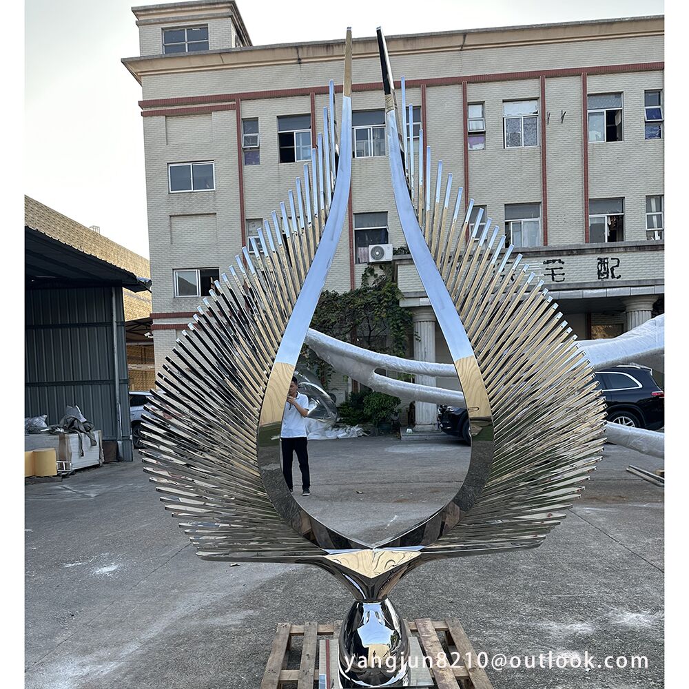 Famous artist outdoor square park landscape design decorative works art stainless steel abstract feather sculpture (2)