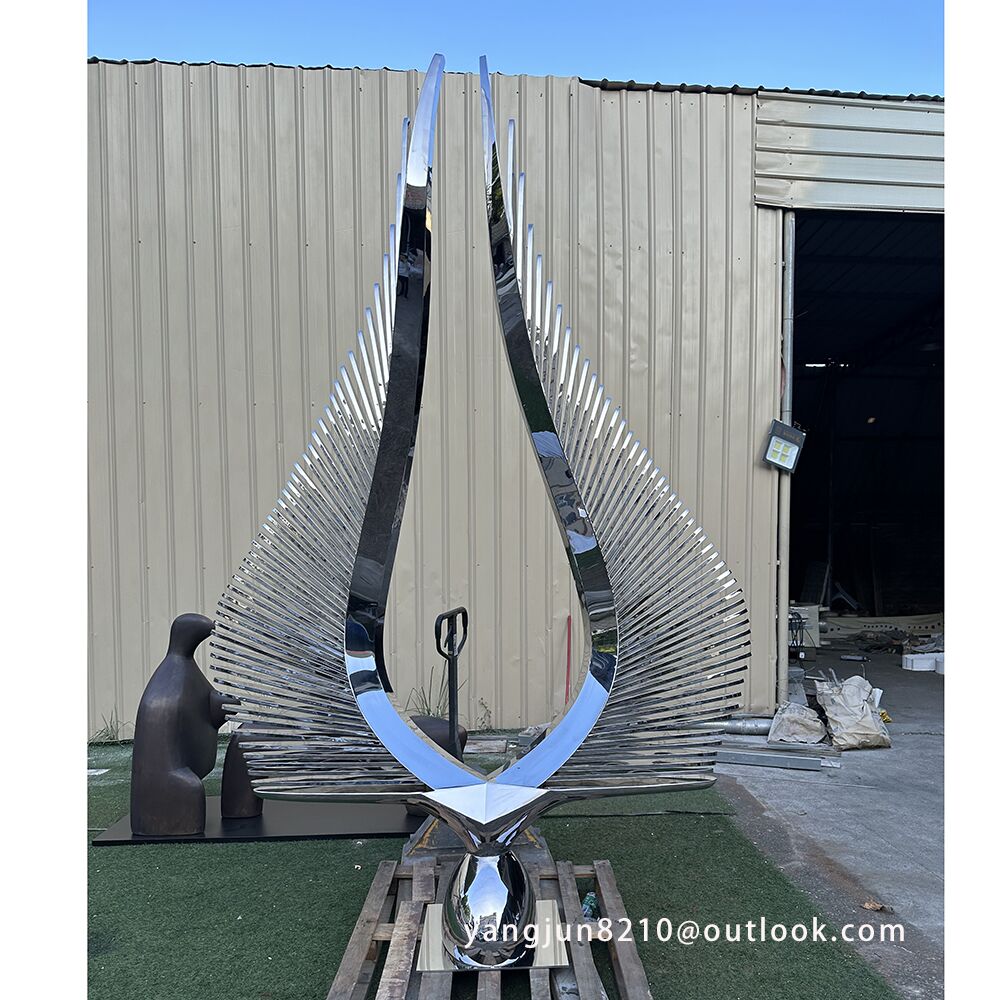 Famous artist outdoor square park landscape design decorative works art stainless steel abstract feather sculpture (4)