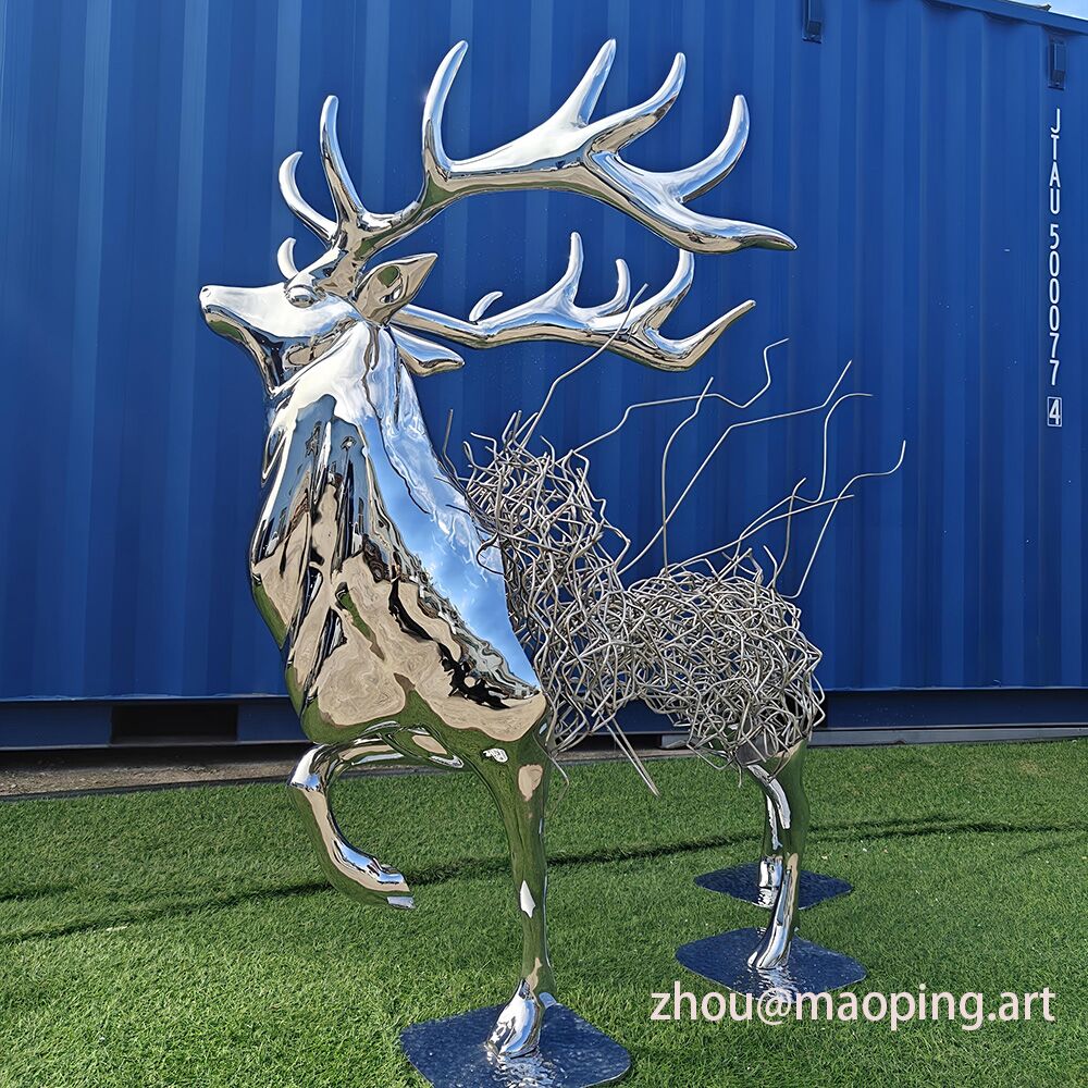Luxury indoor hotel decorative art mirror polished stainless steel deer sculpture (1)