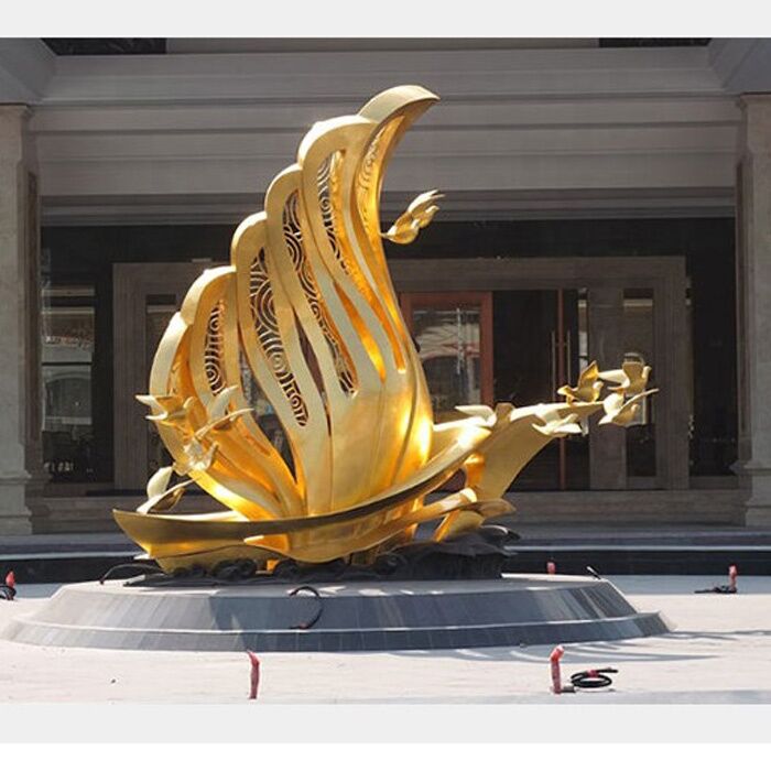 Golden stainless steel outdoor abstract sailing boat metal sculpture