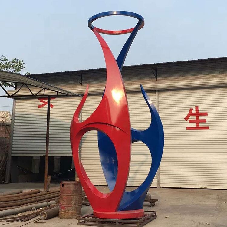 large metal red and blue sculpture for outdoor