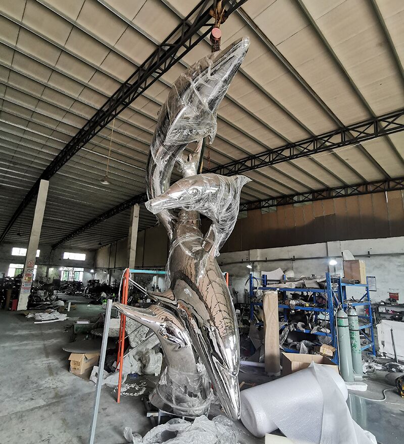 Large outdoor stainless steel dolphin sculpture (1)