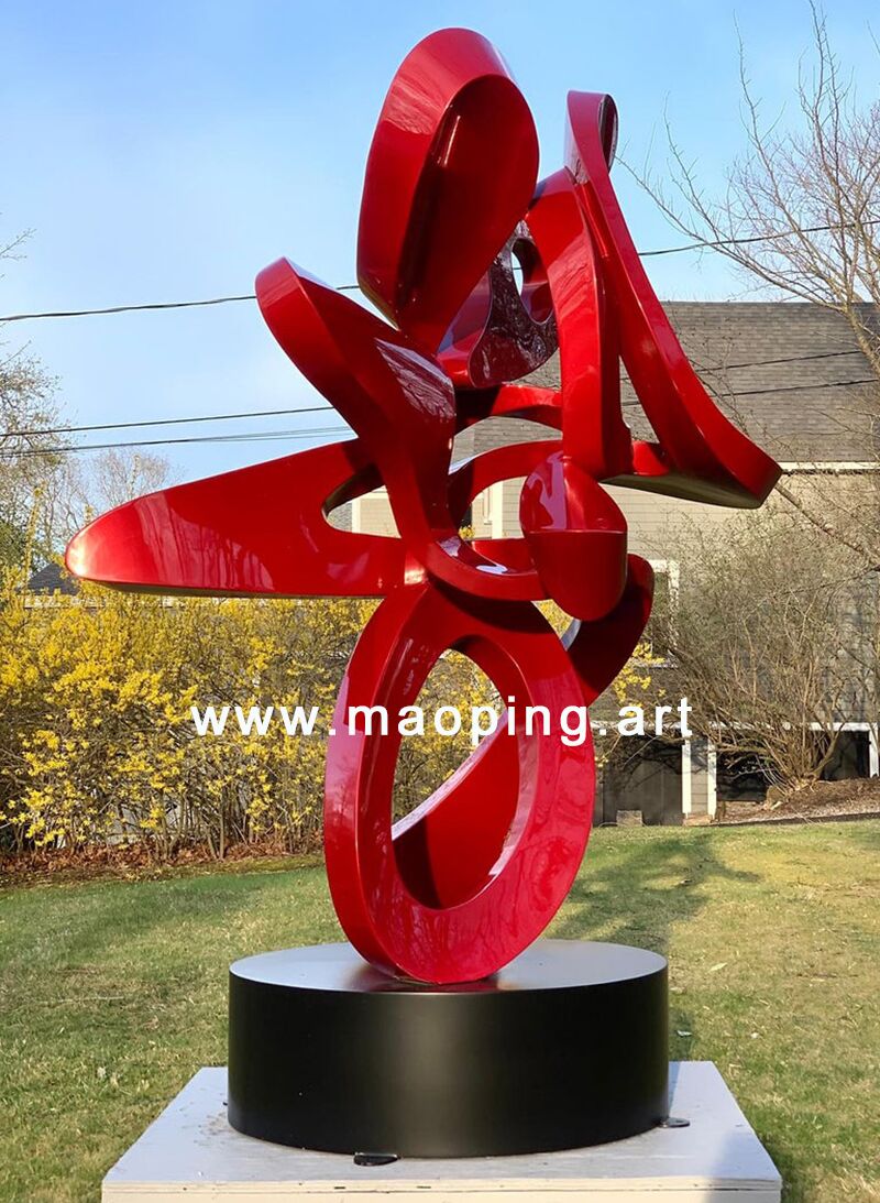 Outdoor garden courtyard Abstract red stainless steel sculpture (1)