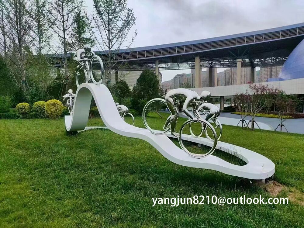 Outdoor square park playground museum architectural landscape artwork stainless steel bicycle sculpture (3)