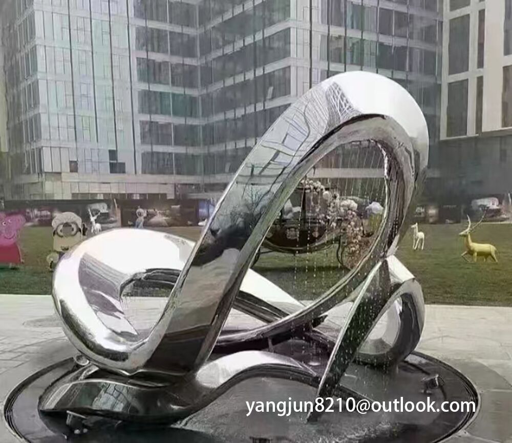 Outdoor square park playground museum architectural landscape artwork stainless steel ribbon water curtain sculpture (2)