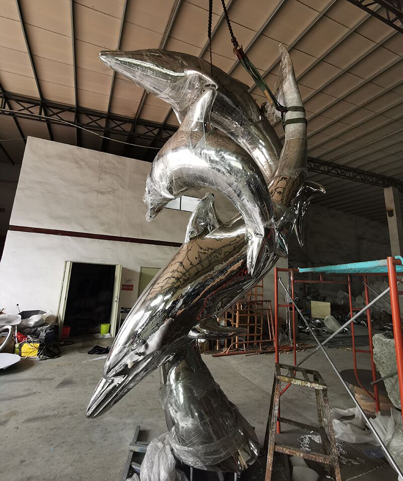 Large outdoor stainless steel dolphin sculpture (4)