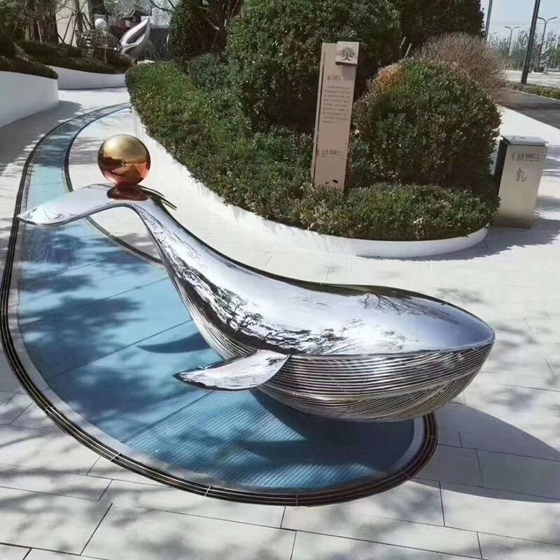 Outdoor park square landscape pool mirror polished stainless steel whale sculpture (4)