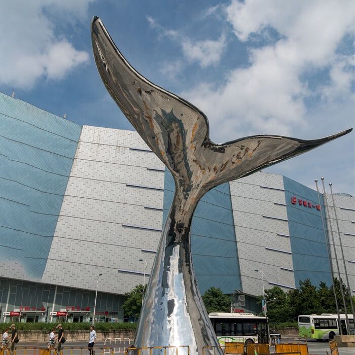 Silver Polished Stainless Steel Garden Whale Tail Sculpture