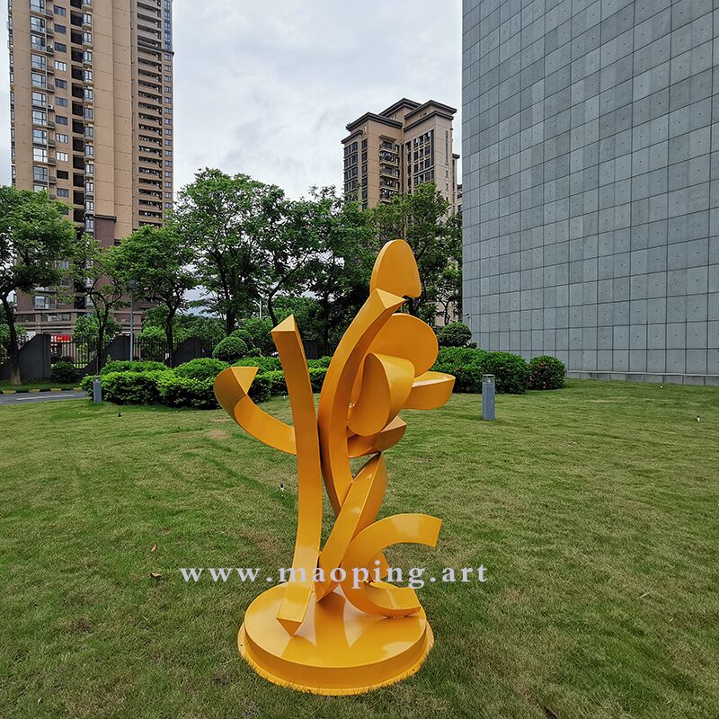 Outdoor garden courtyard yellow stainless steel abstract sculpture (4)