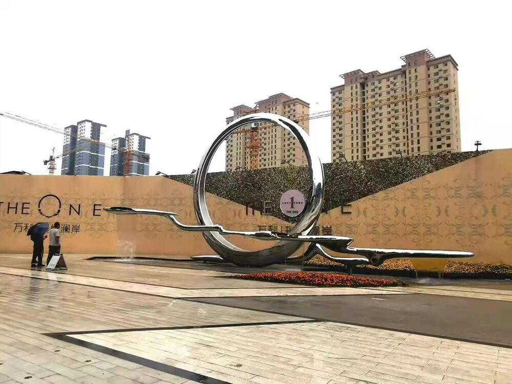 Large Outdoor square garden courtyard pool abstract stainless steel ring sculpture (1)