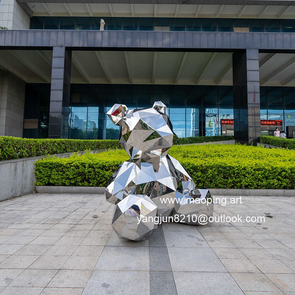 Outdoor airport park square school library cinema museum mirror polished stainless steel bear sculpture (2)